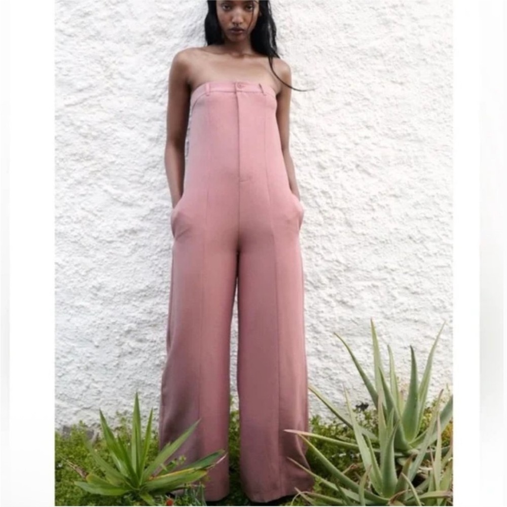 NWoT Zara strapless linen blend jumpsuit pale pink